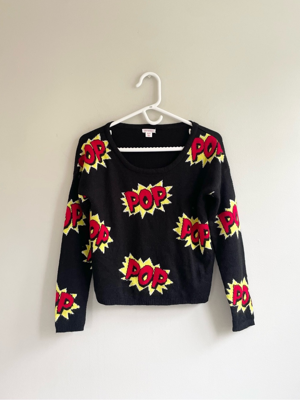 XHILARATION BLACK LONG SLEEVE CEW NECK SWEATER RED LETTERS POP YELLOW FURRY